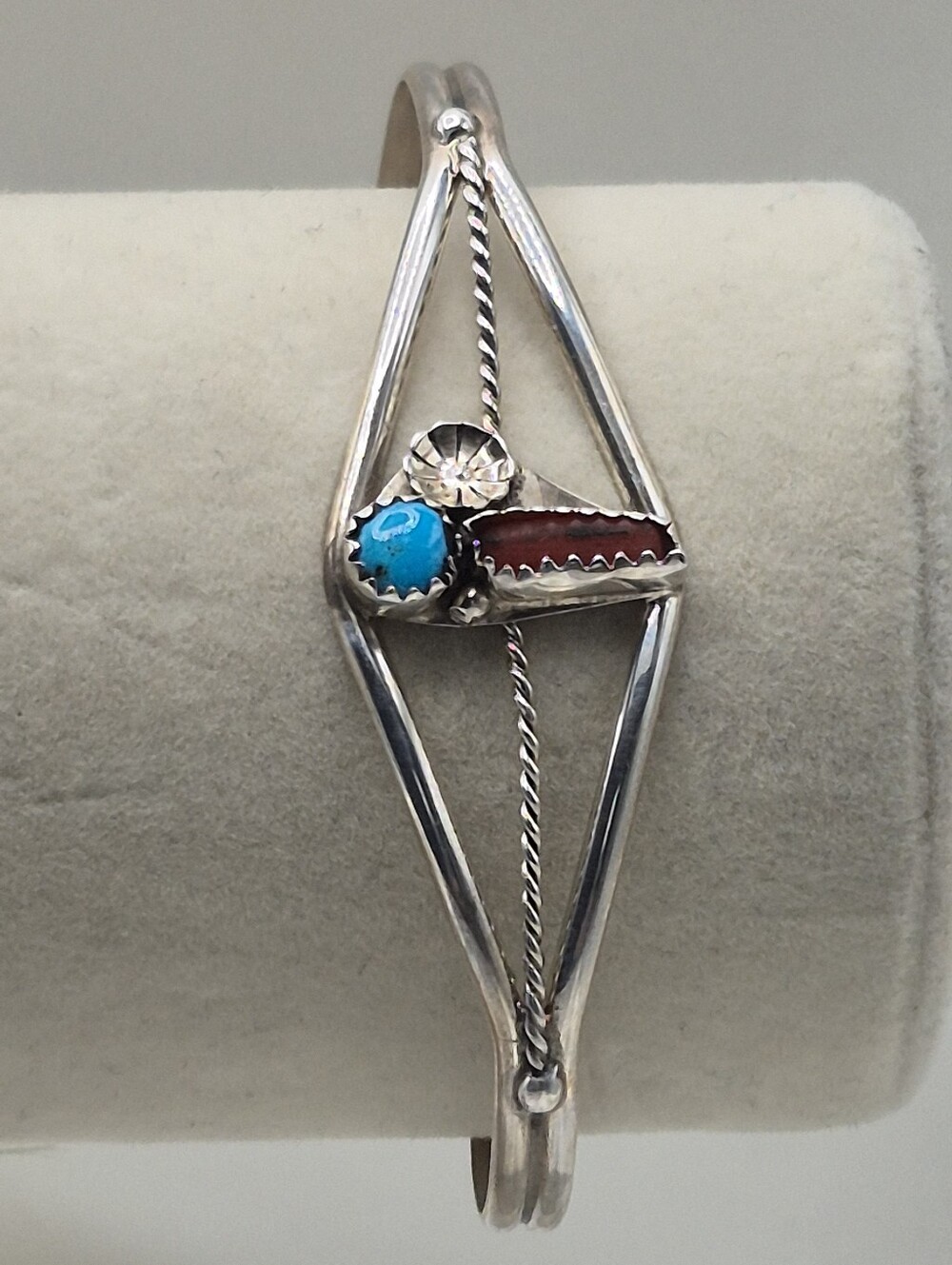 #2B Navajo Native American Turquoise & Coral Sterling Silver Cuff Bracelet - Picture 5 of 5